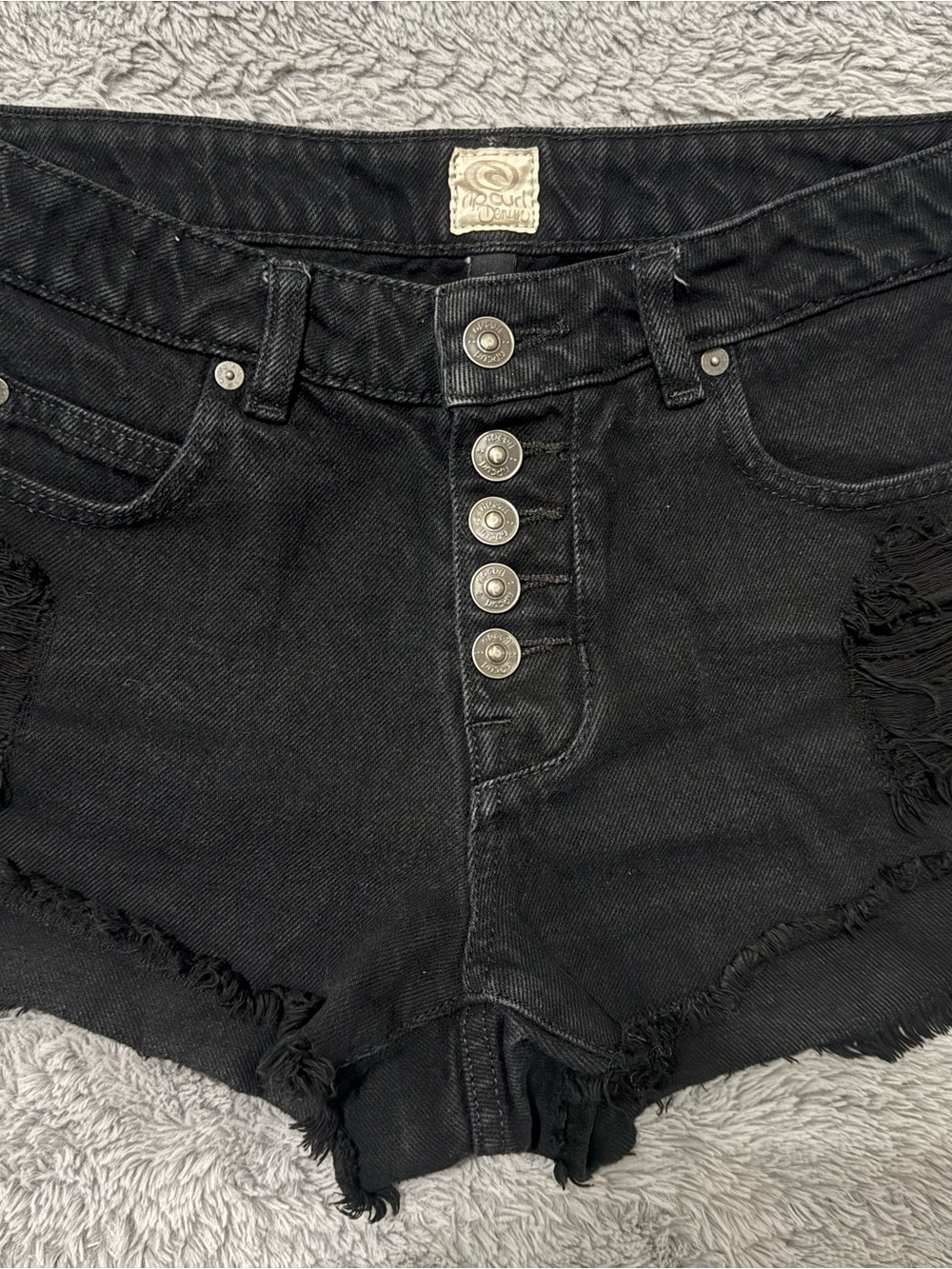 O'Neill Black High-Rise Button-Fly Distressed Denim Shorts